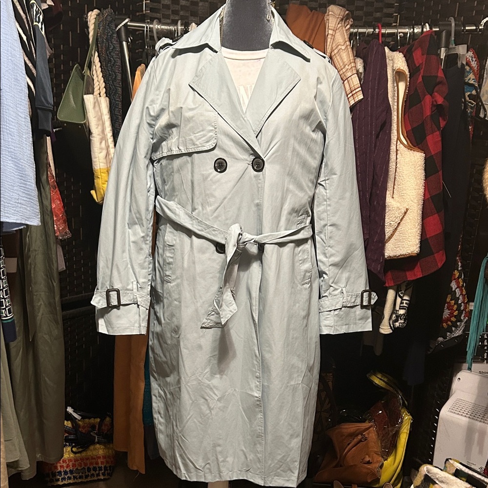 Light Blue Double-Breasted Trench Coat with Belt - Picture 3 of 4